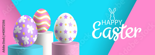 happy easter banner design with 3d eggs on round podiums minimal scene vector illustration