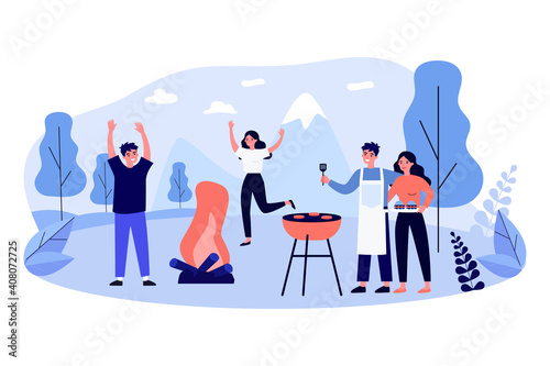 Friends having fun at BBQ party. People grilling meat, dancing at fire outdoors. Flat vector illustration. Camping, adventure travel, picnic concept for banner, website design or landing web page