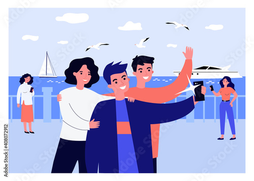 Positive friends taking selfie on seafront. Smartphone, yacht, seagull flat vector illustration. Vacation and digital technology concept for banner, website design or landing web page