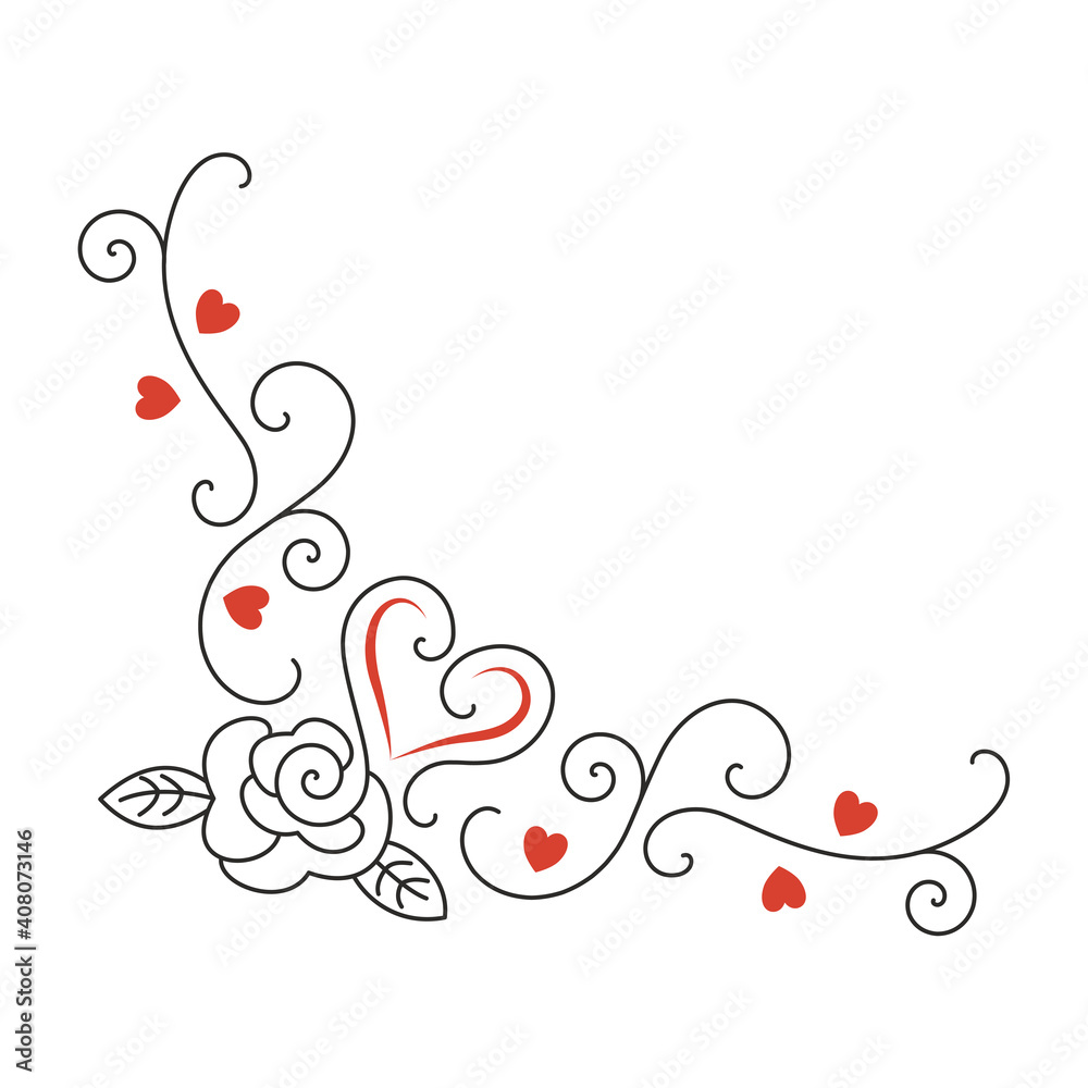 Hearts, rose flower, curls. Valentine's Day ornament. Symbol of love, wedding, romance. Hand-drawn vector, line art. Design element for greeting cards, invitations, gift wrapping, printing on fabric. Hearts, rose flower, curls. Valentine's Day ornament. Symbol of love, wedding, romance. Hand-drawn vector, line art. Design element for greeting cards, invitations, gift wrapping, printing on fabric.