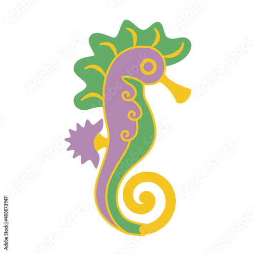 Stylized seahorse with curls. Green, yellow, purple colors. Hand-drawn vector. Marine fauna, exotic fish, aquarium. Cartoon fish, design element. For children's illustrations, prints on fabric, web.