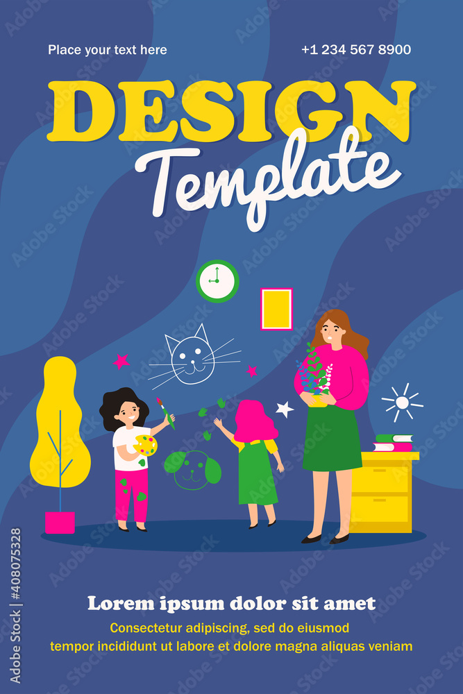 Obraz premium Cheerful naughty children drawing on wall at home. Upset mom, paints, paintbrush flat vector illustration. Active kids, childhood, activity concept for banner, website design or landing web page