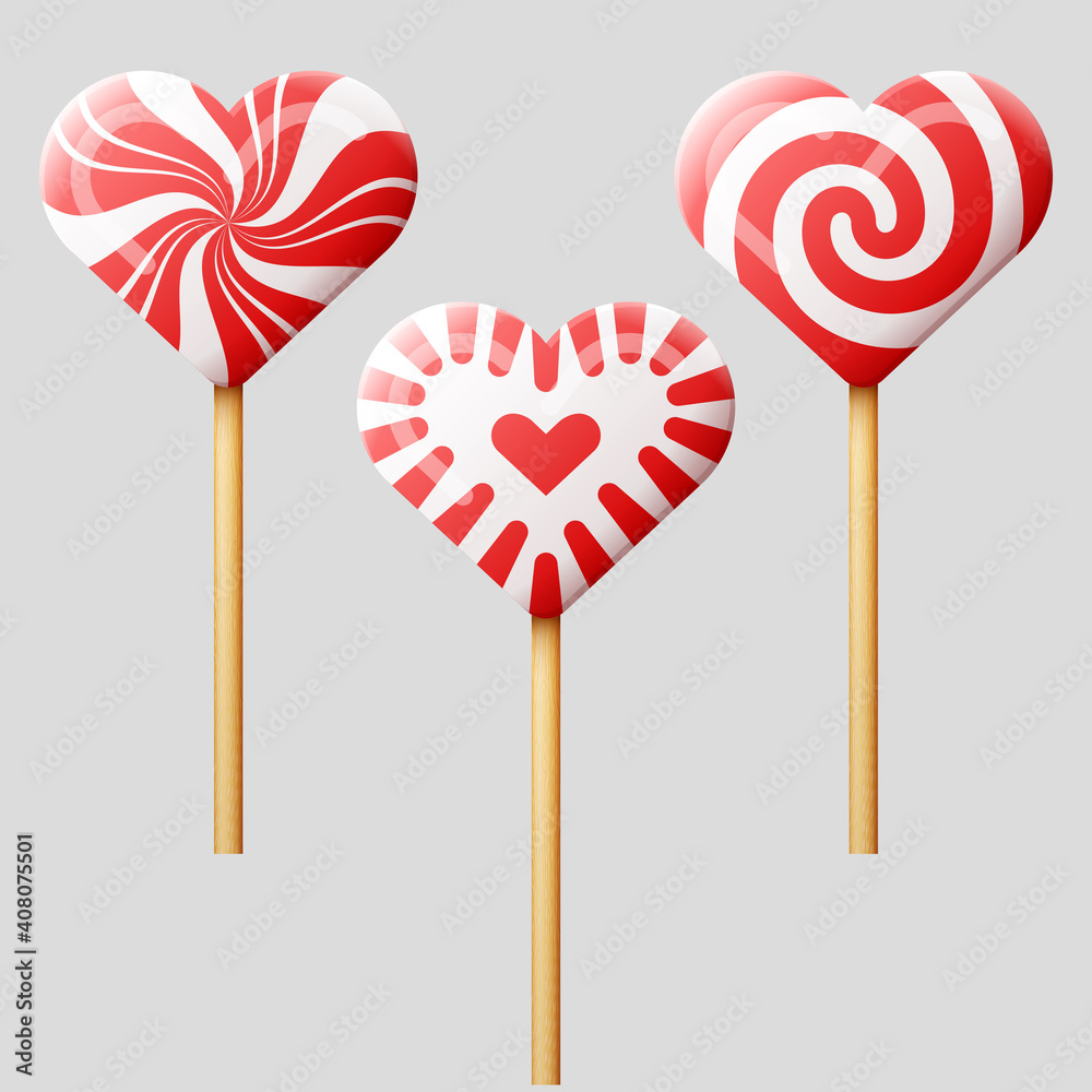 Set of heart shaped candies on wooden stick. Striped peppermint lollipops isolated on gray. Vector illustration for valentines day, wedding, cooking, romantic relationship, food, love, etc Set of heart shaped candies on wooden stick. Striped peppermint lollipops isolated on gray. Vector illustration for valentines day, wedding, cooking, romantic relationship, food, love, etc