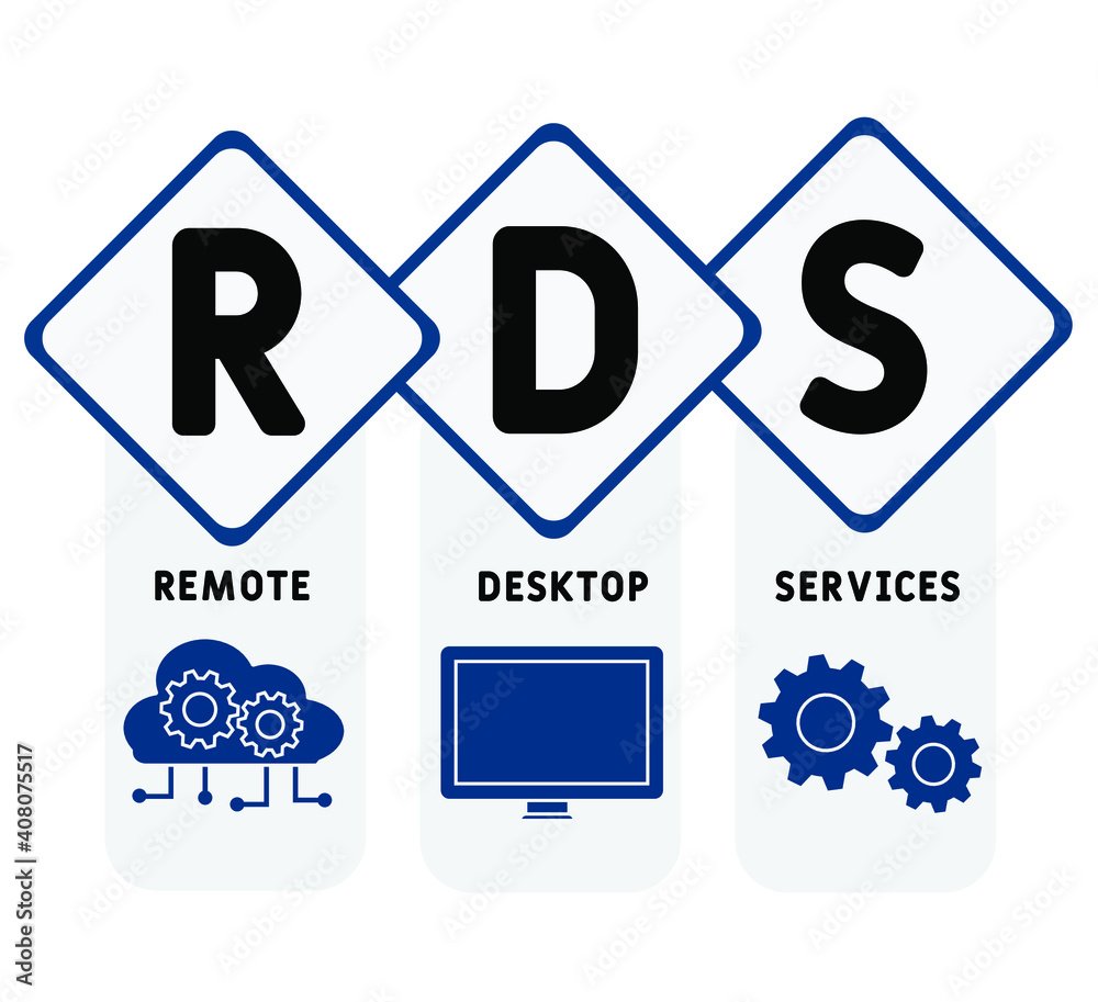 RDS - Remote Desktop Services acronym. business concept background. vector illustration concept with keywords and icons. lettering illustration with icons for web banner, flyer, landing page RDS - Remote Desktop Services acronym. business concept background. vector illustration concept with keywords and icons. lettering illustration with icons for web banner, flyer, landing page
