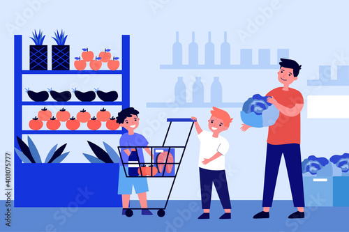 Children and dad buying healthy food in supermarket. Fresh fruit, vegetables, organic products. Flat vector illustration. Farm market, shopping concept for banner, website design or landing web page
