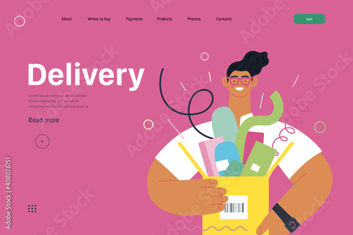 Discounts, sale, promotion - online shopping web template - modern flat vector concept illustration of a young man holding a box full of goods. Delivery and online orders concept. Delivery caption