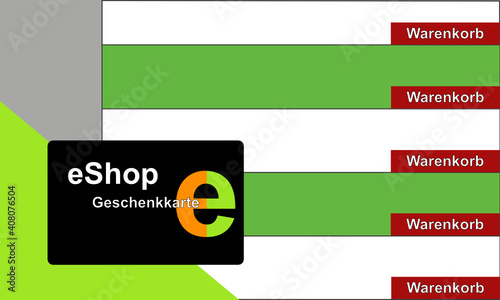 Schwarze Geschenkkarte im Checkkartenformat vor der Ansicht eines Web Shops und der Möglichkeit Dinge zum Warenkorb hinzu zu fügen