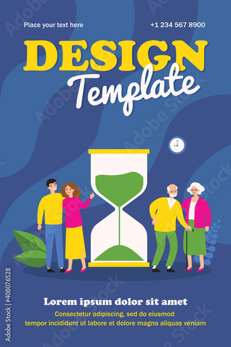 Time of young and senior people. Couples standing near hourglass flat vector illustration. Age, lifespan, generation concept for banner, website design or landing web page