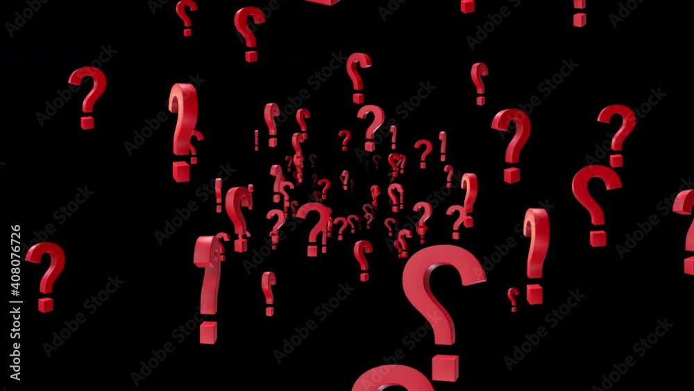 An endless stream of many question marks toward the screen against alpha channel background.