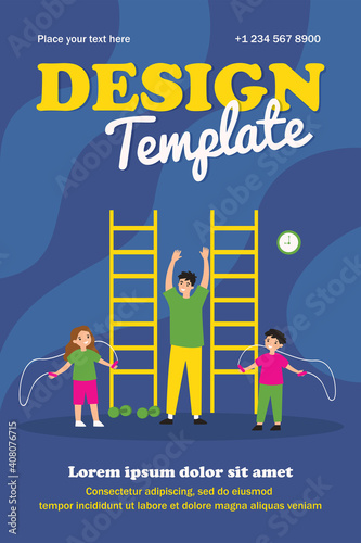Smiling kids training in gym with trainer. Skipping rope, exercise, jumping flat vector illustration. Health and sport activity concept for banner, website design or landing web page
