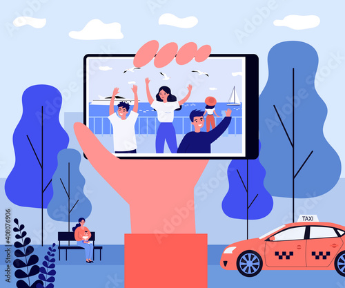 Hand holding phone with photo on seafront. Friend, memory, city flat vector illustration. Vacation and digital technology concept for banner, website design or landing web page