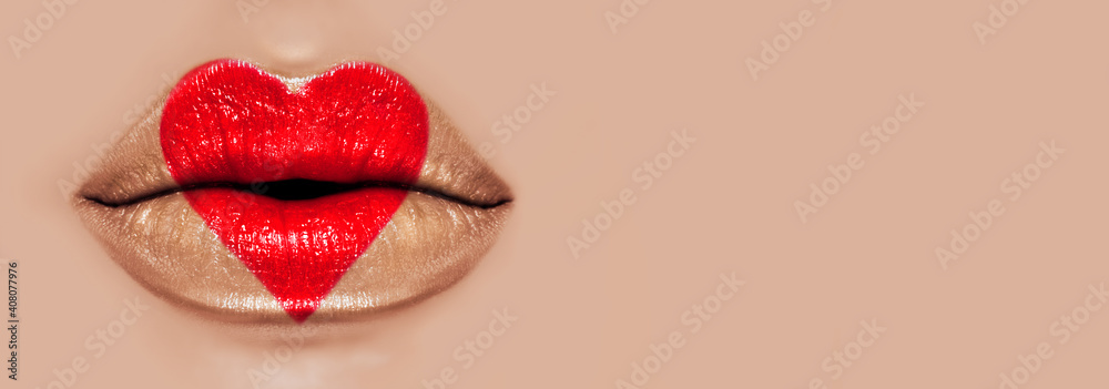 Valentine Heart Kiss on the Lips. Makeup. Beauty Sexy Lips with Heart Shape paint. Valentines Day. Beautiful Love Make-up. Wide screen Valentine Heart Kiss on the Lips. Makeup. Beauty Sexy Lips with Heart Shape paint. Valentines Day. Beautiful Love Make-up. Wide screen