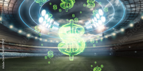 Close-up image of the American dollar sign against the background of the stadium. The concept of sports betting, making a profit from betting, gambling. American football. photo