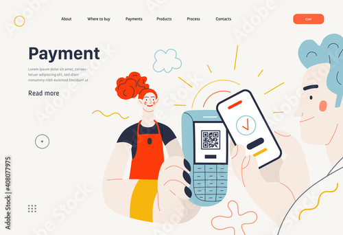 Business topics -payment, web template, header. Flat style modern outlined vector concept illustration. Waitress holding pos-terminal. A customer paying with phone, scanning QR code. Business metaphor