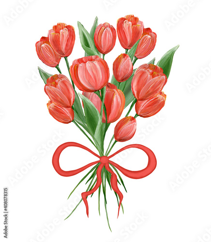 Bouquet of red tulips  decorated with a ribbon with a bow. Realistic spring flowers isolated on white background. Mother s Day  International Women s Day  greeting card. Watercolor illustration.
