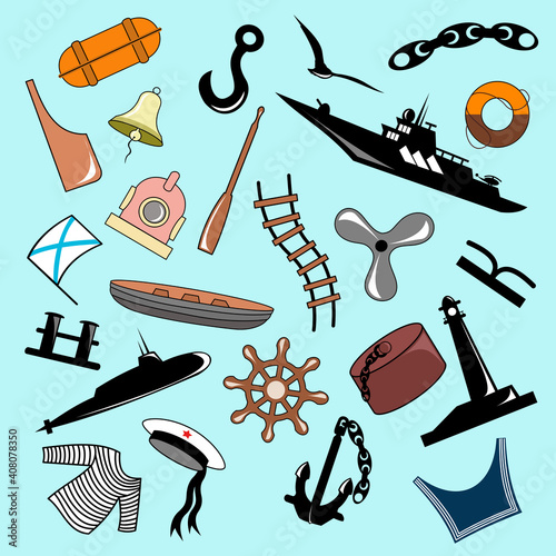 Vector illustration, pattern. Marine paraphernalia
