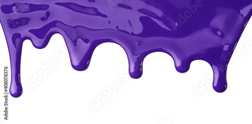 Acrylic violet paint dripping with drops isolated on white background. Texture, abstraction, design