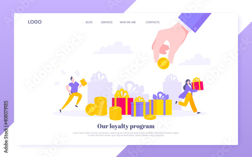 Earn loyalty program points and get online reward and gifts. Get loyalty card and customer service business concept flat design vector illustration. Tiny people with big card and money.