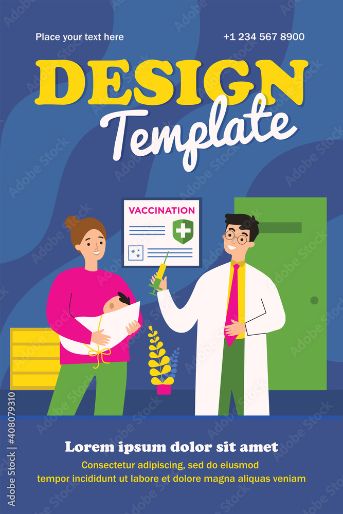 Obraz premium Mom with baby visiting doctor for vaccination. Pediatrician, hospital, covid poster flat vector illustration. Coronavirus prevention, healthcare concept for banner, website design or landing web page