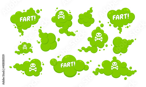 Smelling green cartoon fart cloud flat style design vector illustration with text fart set. Bad stink or toxic aroma cartoon smoke cloud isolated on white background.