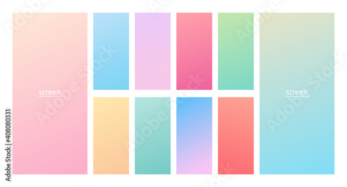 Soft pastel gradient smooth and vibrant color background set for devices, pc and modern smartphone screen soft pastel color backgrounds vector ux and ui design illustration isolated on white.