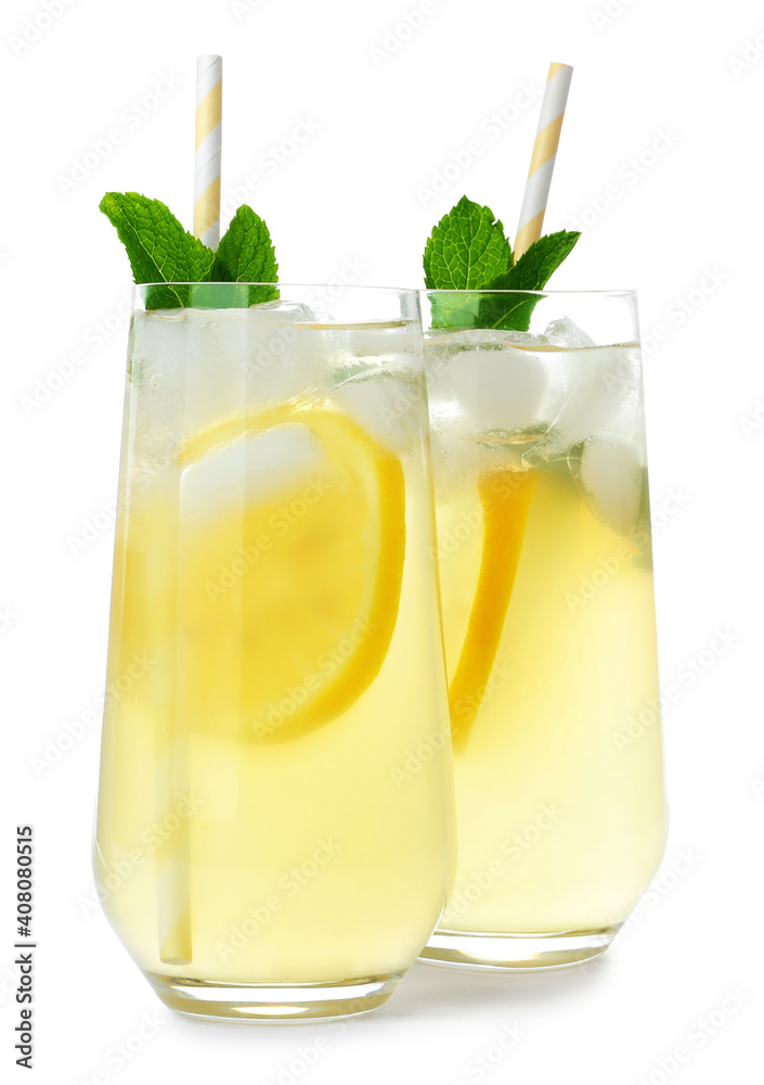 Natural lemonade with mint on white background. Summer refreshing drink Natural lemonade with mint on white background. Summer refreshing drink