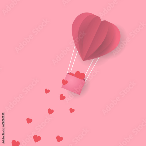 The premise of the concept of love. Love illustration, origami made balloon flight, floating in the sky and falling hearts