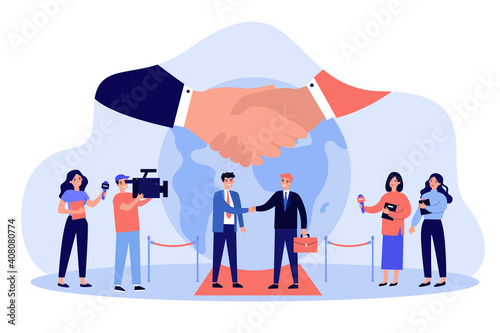 Politicians meeting for discussing economy, democracy, peace or crisis. Political leaders handshake. For diplomacy, international friendship, embassy concept