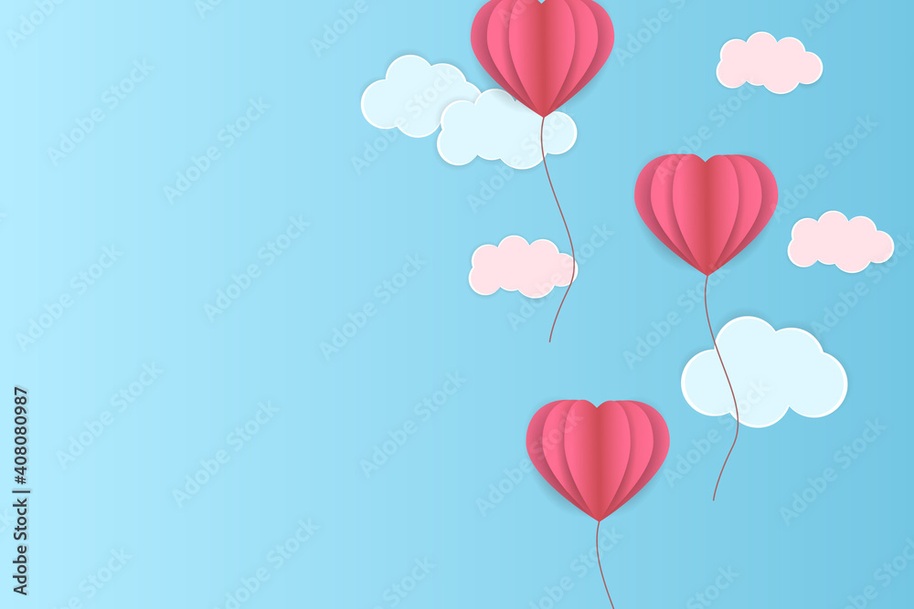 Valentine heart with flying balloons on a heavenly background. Vector love card for happy mother, Valentine's Day or birthday greeting card design.