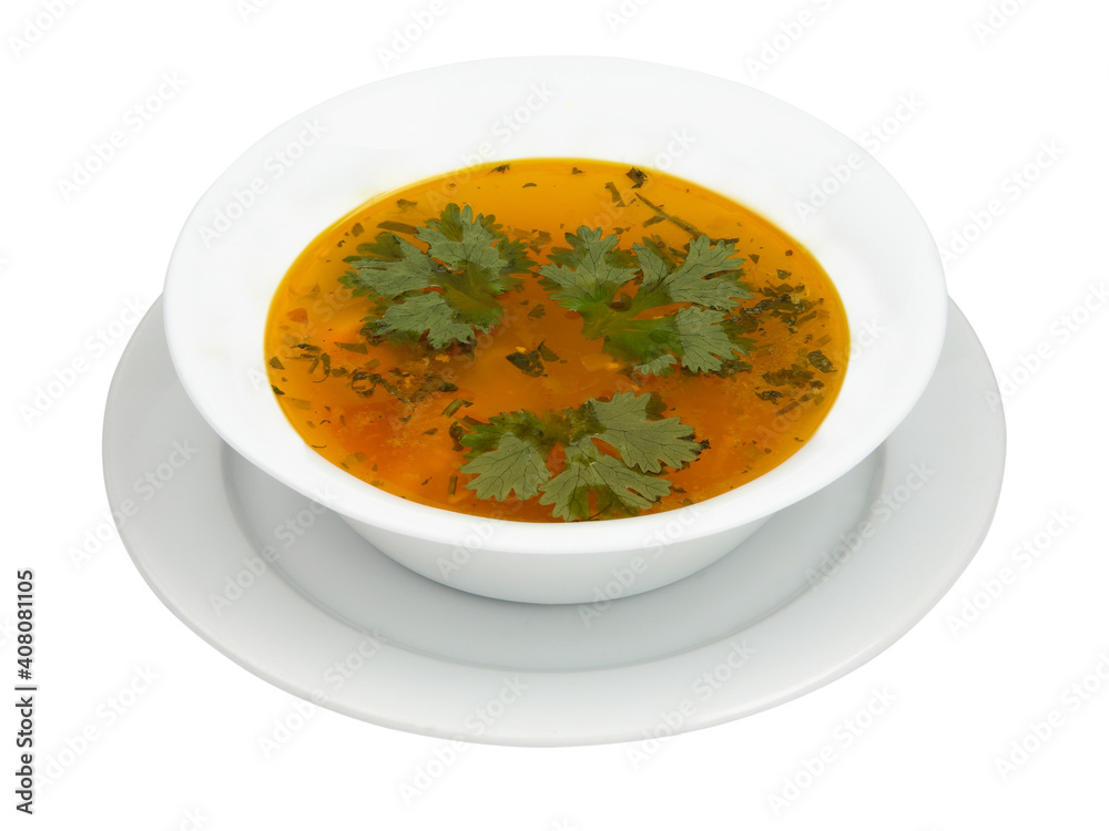 Bowl of chicken soup on white round plate. Isolated