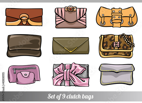 Collection set of 9 vector illustrations of stylish clutch bags in various sizes, types and shapes, in different colors, in hand drawn style for custom design, print, pattern, stickers.