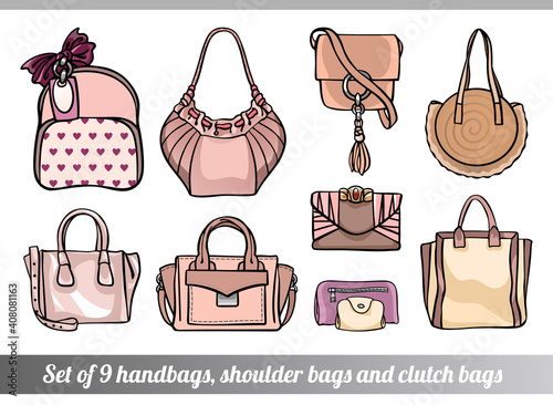 Collection of 9 vector illustrations of stylish female bags in various sizes, types and shapes, in ivory and pink color, in hand drawn style for custom design, print, pattern, stickers.