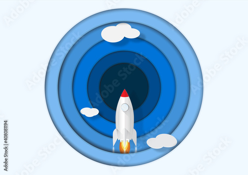 Rocket launch, business start up concept paper art vector illustration