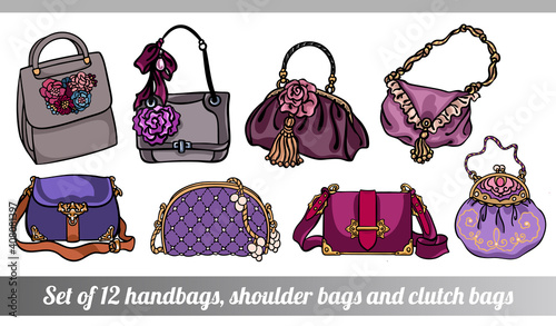 Collection of 12 vector illustrations of stylish female bags in various sizes, types and shapes, in purple and neutral colors, in hand drawn style for custom design, print, pattern, stickers.