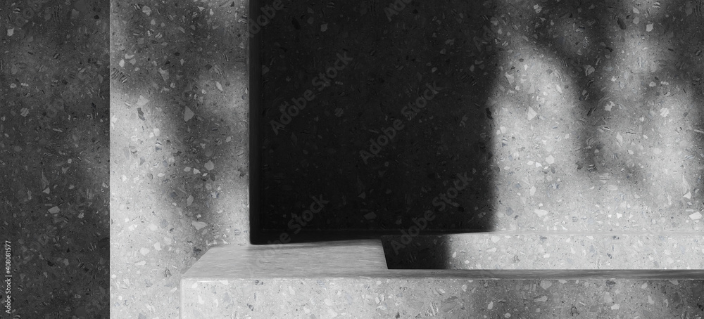 Obraz premium Minimal mockup background for product presentation. Grey terrazzo podium display with leaf shadow. Clipping path of each element included. 3d rendering illustration. 