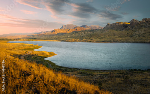 Shoshone river and foothills of Rocky Mountains near Cody, Wyoming, USA.