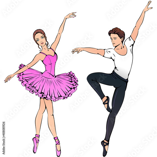 Vector illustration of young couple ballet dancers isolated on white background. Ballerina on pointe in pink tutu. Dance icon. Classical ballet art for dance studio, dance shop.