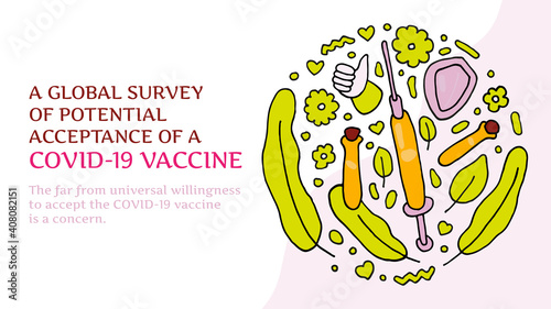 Coronavirus vaccination. A Syringe and two Ampoules. Website header or banner in Colored Doodle style. A global survey of potential acceptance of a COVID-19 vaccine. Vector EPS 10
