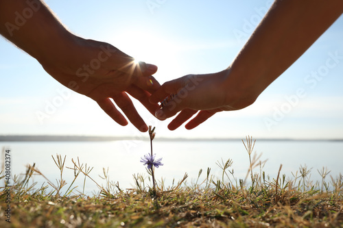 Couple holding hands over blooming flower outdoors, closeup. Nature healing power