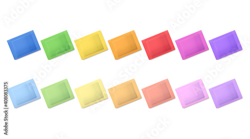 Rainbow colored packets. A set of pouches in vibrant colors, and another set in softer tones. Multicolored small bags to contain single-use quantities of foods or consumer goods. Illustration. Vector