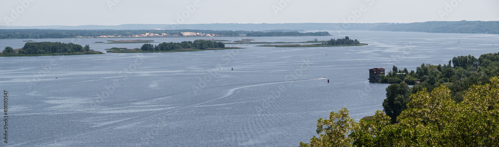 Fototapeta premium Dnipro river summer panoramic landscape, Kaniv water Reservoir, Kyiv Region, Ukraine.