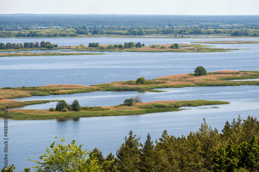 Dnipro river shores summer landscape, Kaniv water Reservoir, Kyiv Region, Ukraine.