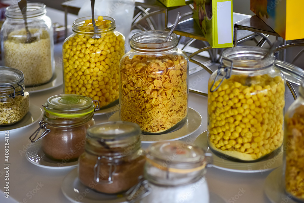 Diet breakfast cereals in the hotel dining room Diet breakfast cereals in the hotel dining room