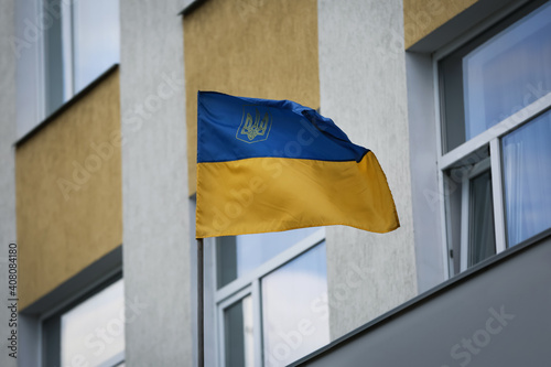 National flag of Ukraine on building facade