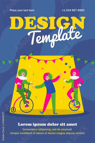 Clowns performing on circus arena, riding bike, juggler balancing on monocycle. Vector illustration for joker, comedy show, performance, fun fair concept