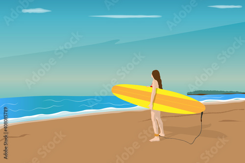 Woman standing on the beach holding a surfboard and trying to ride the waves. vector graphic illustration, background, web header, footer, flier, blue, sky, sea, sunny, frame, copy space, summer,