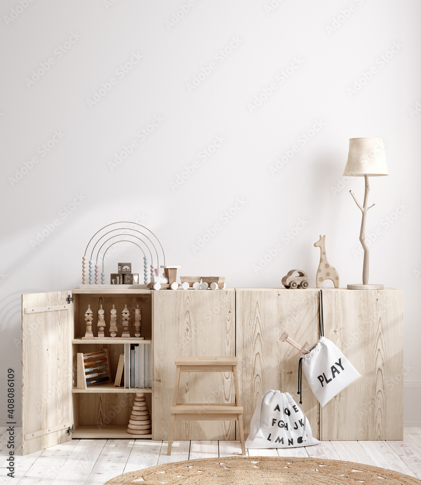 Fototapeta premium Blank wall mock up in cozy nursery interior background, Scandinavian style, 3D render