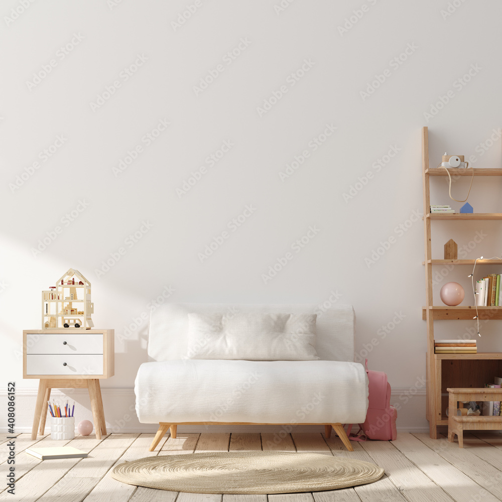 Fototapeta Blank wall mock up in cozy nursery interior background, Scandinavian style, 3D render