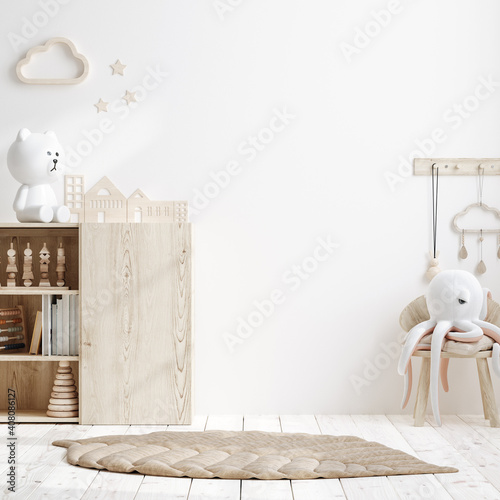 Blank wall mock up in cozy nursery interior background, Scandinavian style, 3D render