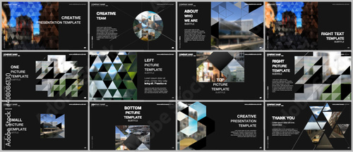 Presentation design vector templates, multipurpose template with triangles, triangular pattern for presentation slide, flyer, brochure cover design, infographic report. Background with place for photo